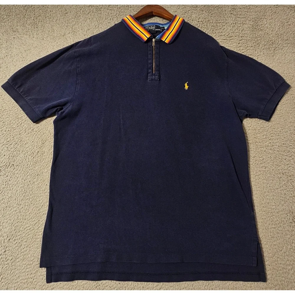 Polo Ralph Lauren Mens XL Navy Blue Rainbow Stripe Collar Quarter Zip Polo Shirt